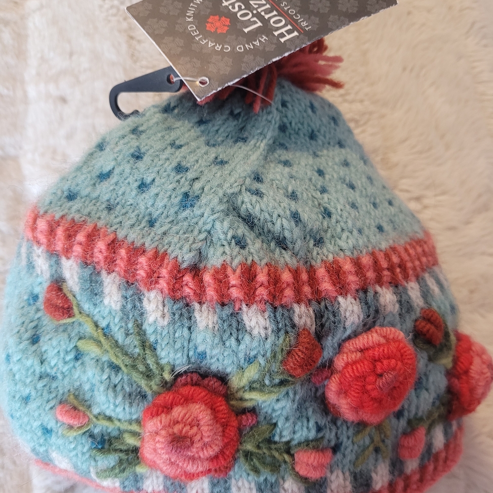 Sundance Blue and Pink Floral Knit Beanie - Picture 3 of 10